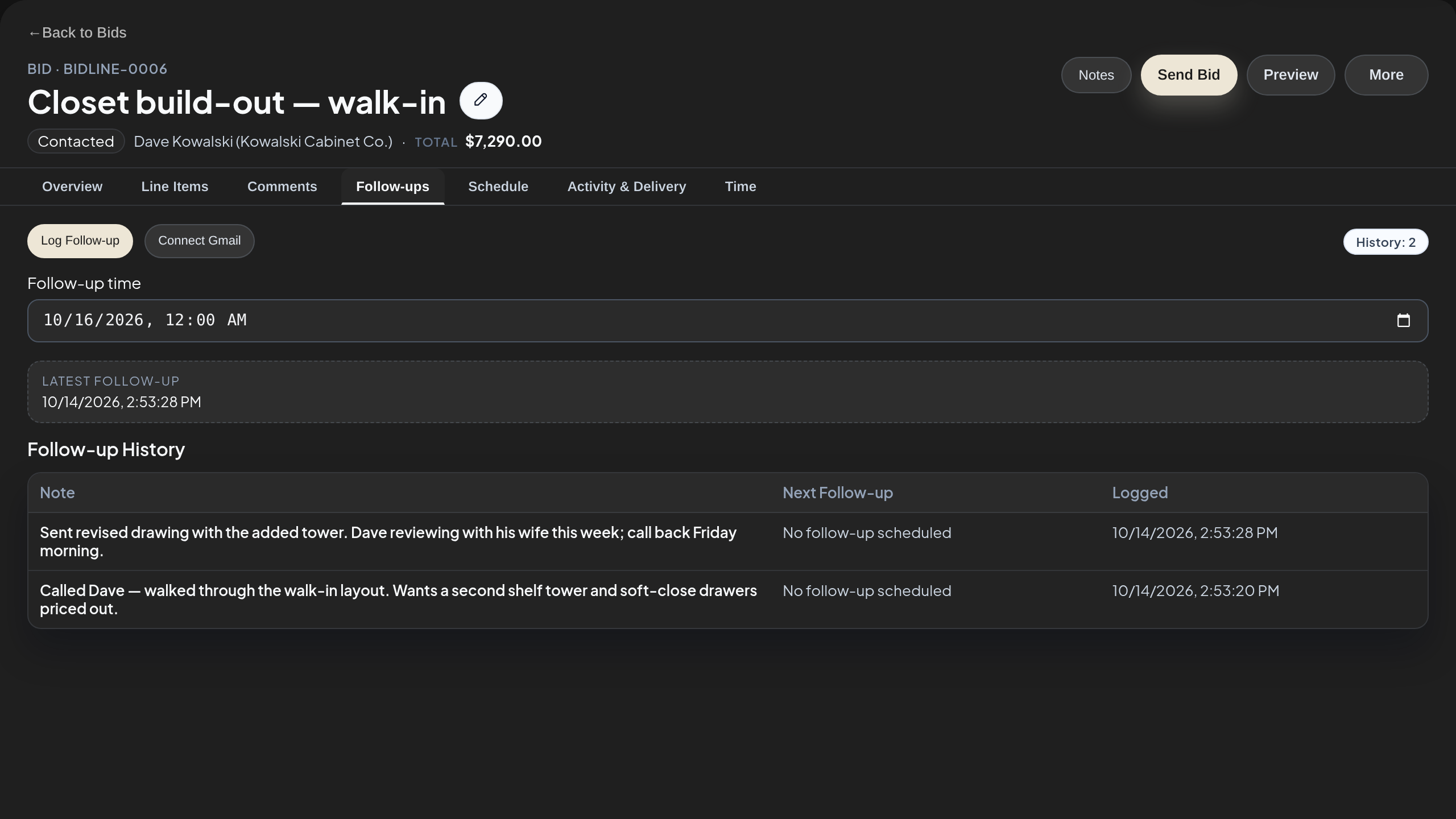 Follow-up log on a bid