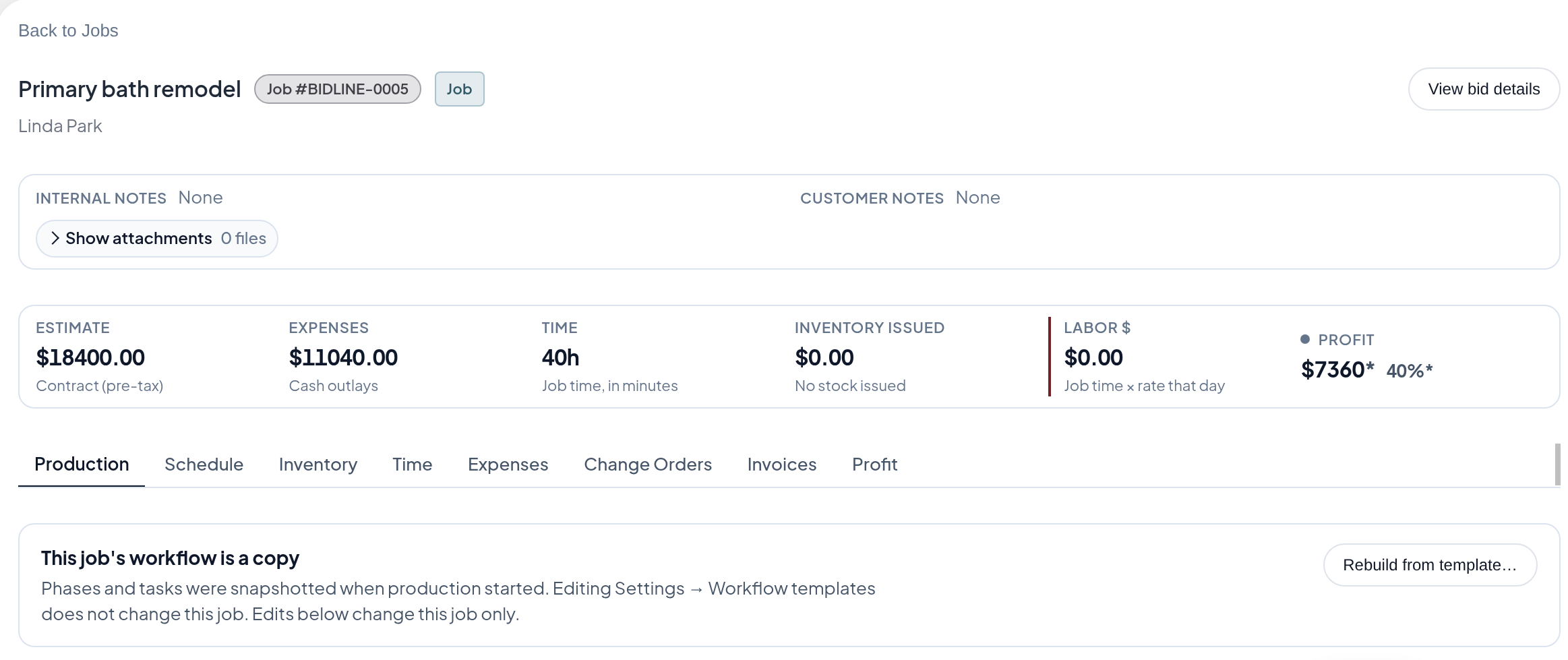 Job workspace with profit and workflow steps