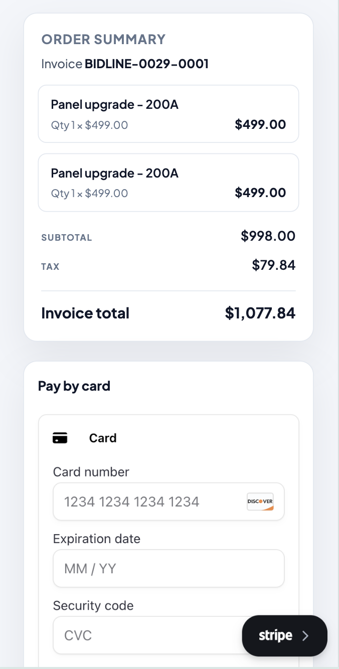 Mobile pay page for invoice BIDLINE-0029-0001