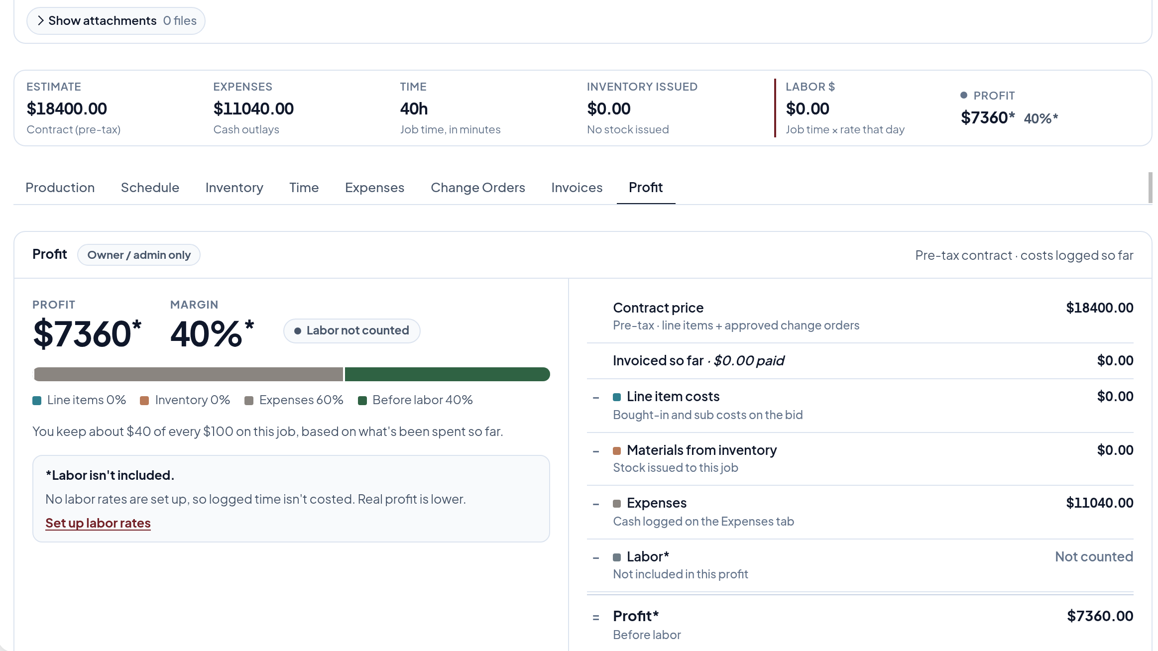 Job profit and margin card